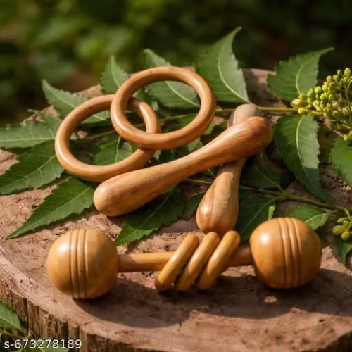 Neem Wood Baby Rattle Set – 2 Dumble & 2 Ring Teethers (Antibacterial Wood) Set of 5 with Rattle